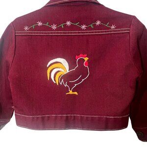 Vintage Towncraft Jr Boys Embroidered Maroon Denim Jacket W/ Rooster & Strawberr